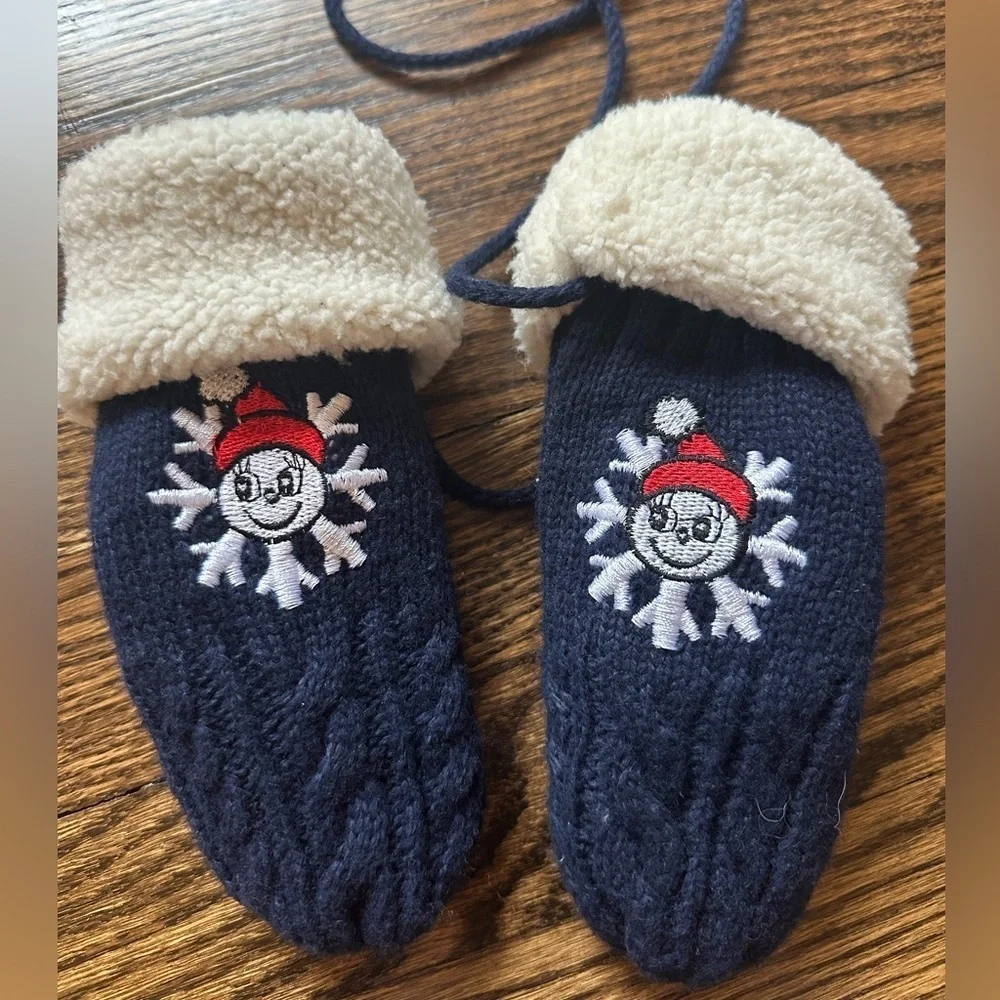 Youth Navy Knit Mittens Sherpa Lined Snowflake Embroidered Winter Gloves